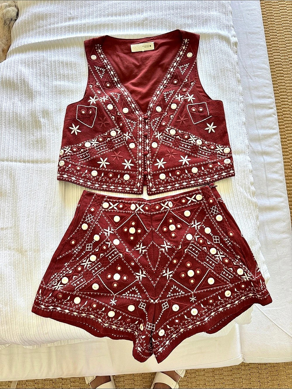Zara Embroidered Vest & Shorts Set in Red